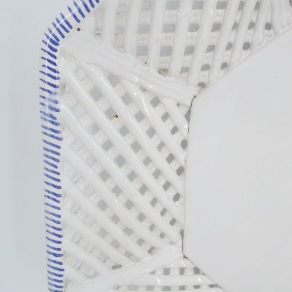 Vintage Hand Painted Blue and White Floral Platter Reticulated Lattice Portugal - Picture 7 of 11